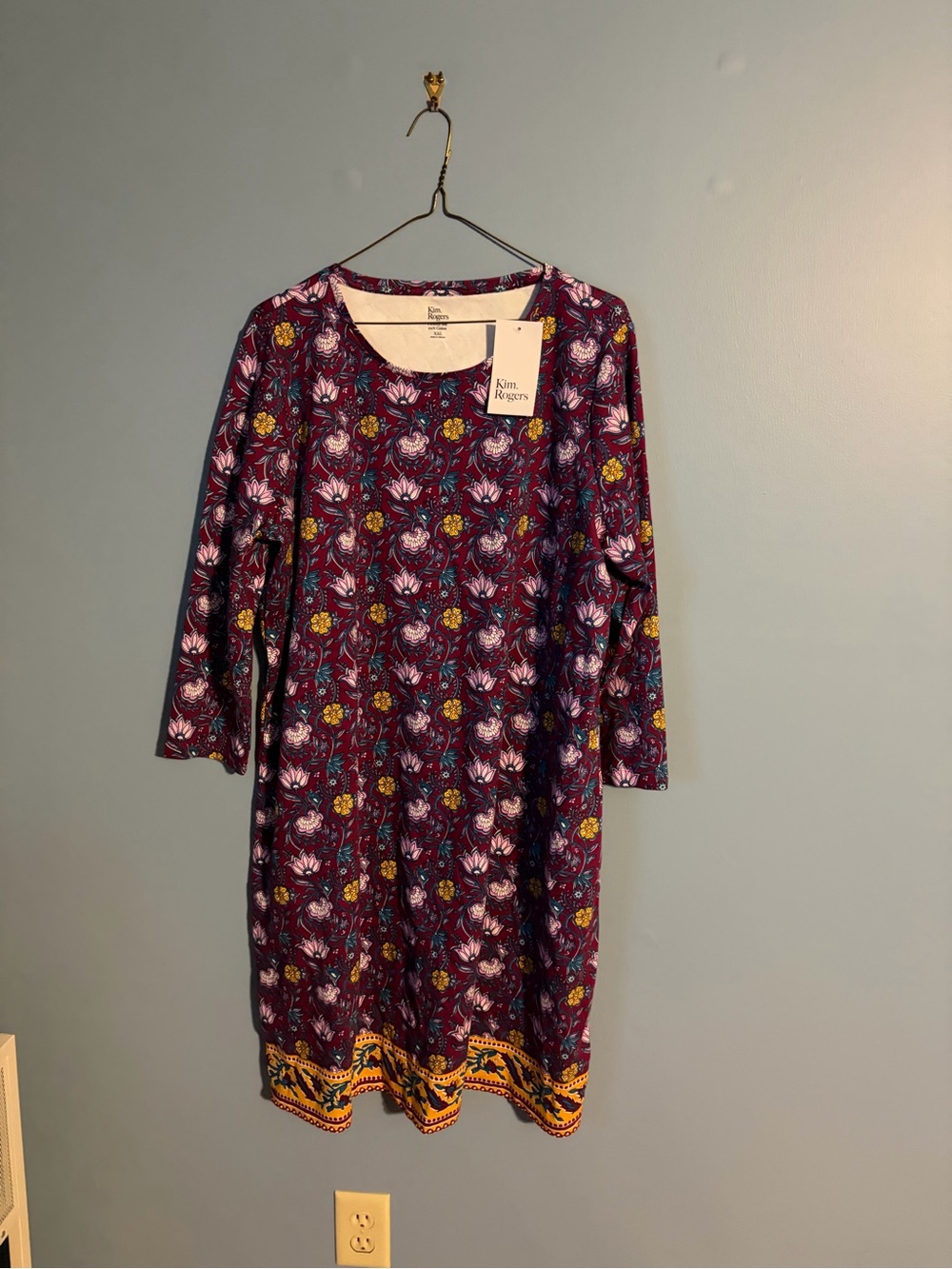 Kim Rogers Plum Floral Long Sleeve Midi Dress with Yellow Border